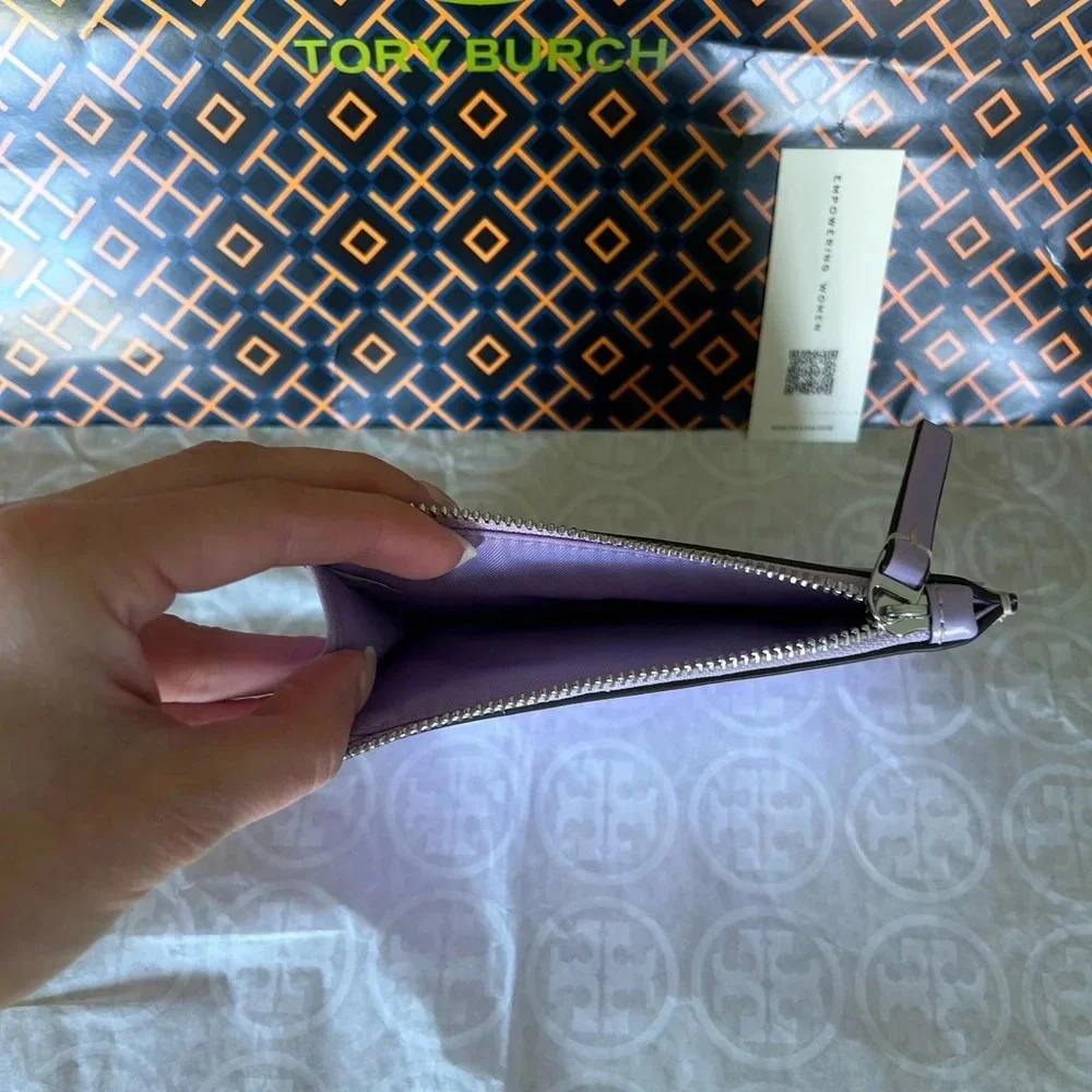 Tory Burch Britten Patent Zip Card Case Mini Wallet Lavender Silver Light Purple